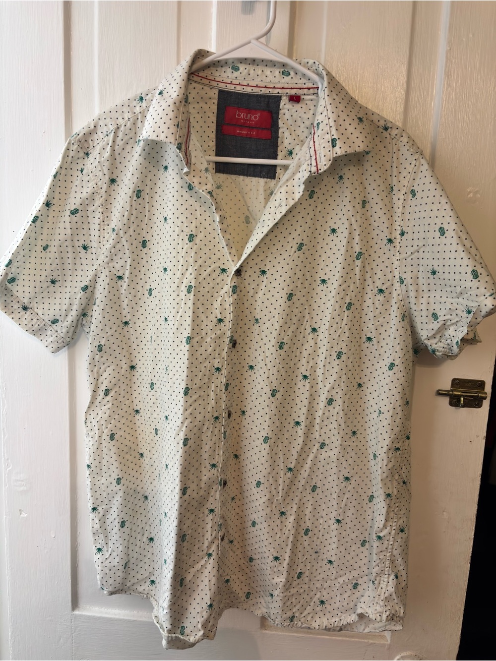 Bruno White Short-Sleeve Button-Down Shirt with Green Print